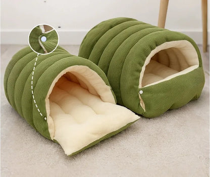 Closed cat house in PP cotton, removable washable winter pet sleeping nest, medium and large sizes, light beige, light green, light purple.