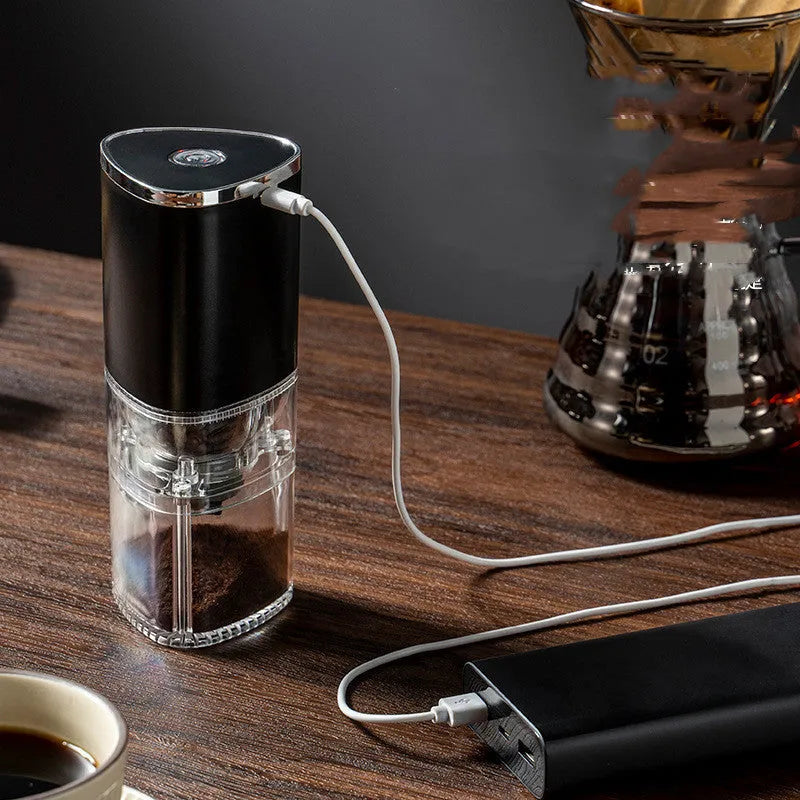 Electric coffee grinder with ceramic burr for consistent grounds, USB-C rechargeable with 1200mAh battery, portable 8x20cm design, and adjustable settings for 25g capacity.
