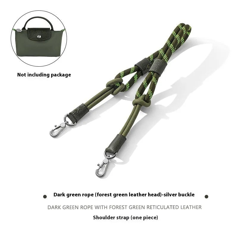 Braided rope and leather shoulder strap with a metal buckle in gold or silver finish