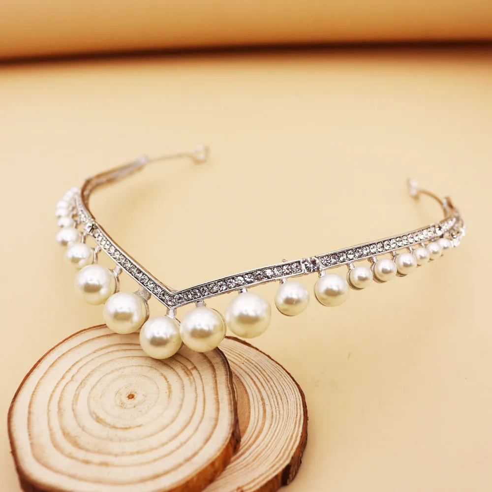 Silver tone bridal crown with pearl detail, about 13 cm diameter and 3 cm height, simple wedding hair accessory
