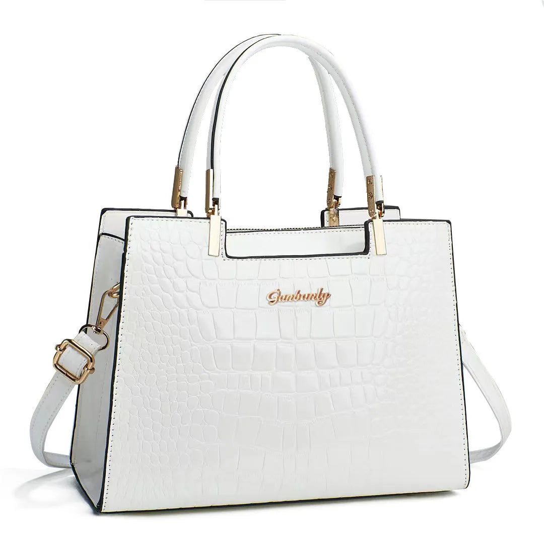 A medium-hard PU leather one-shoulder handbag in a horizontal square shape, shown in multiple colour options.