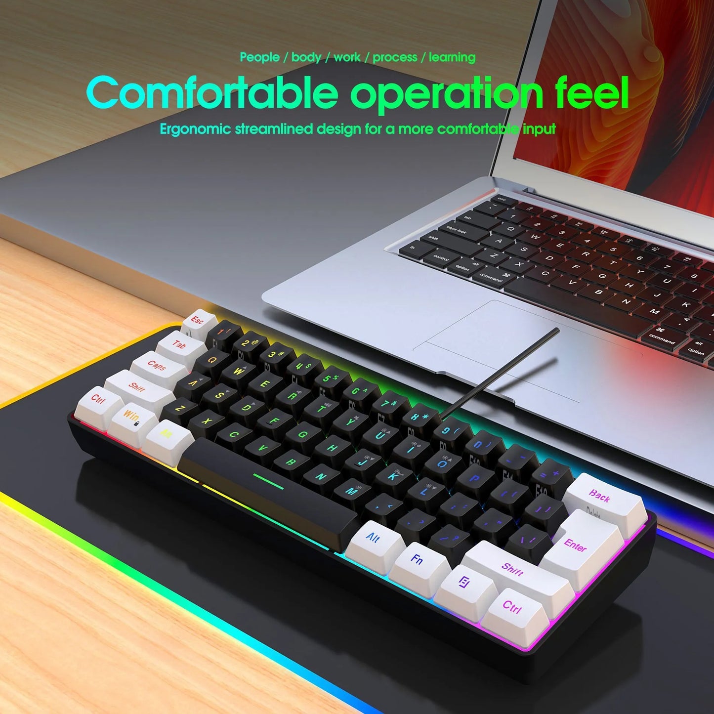 61-key wired membrane keyboard in white and black colour scheme with compact design