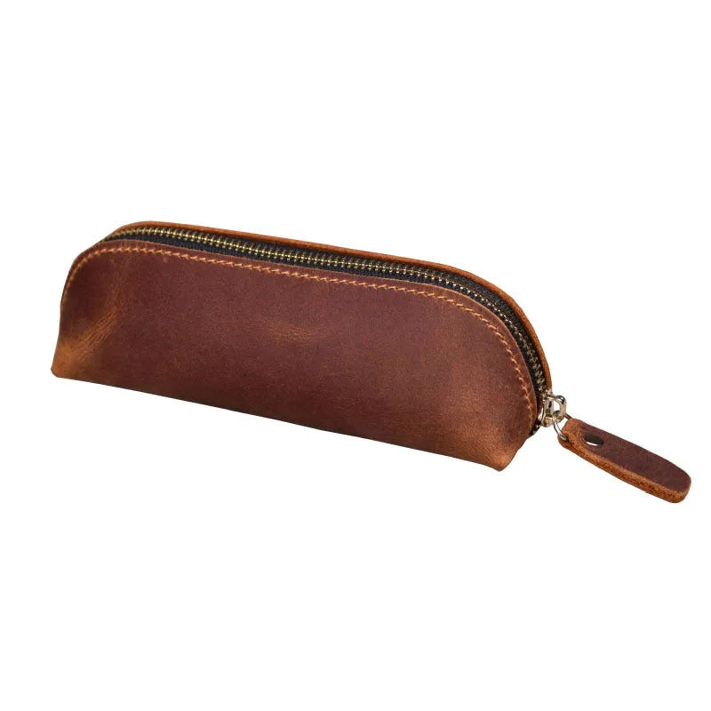 Genuine cowhide pencil case handmade from first layer leather with square design, measuring 18cm x 6cm x 6cm for pen and stationery storage, available in black, brown, dark brown and yellow colour options.
