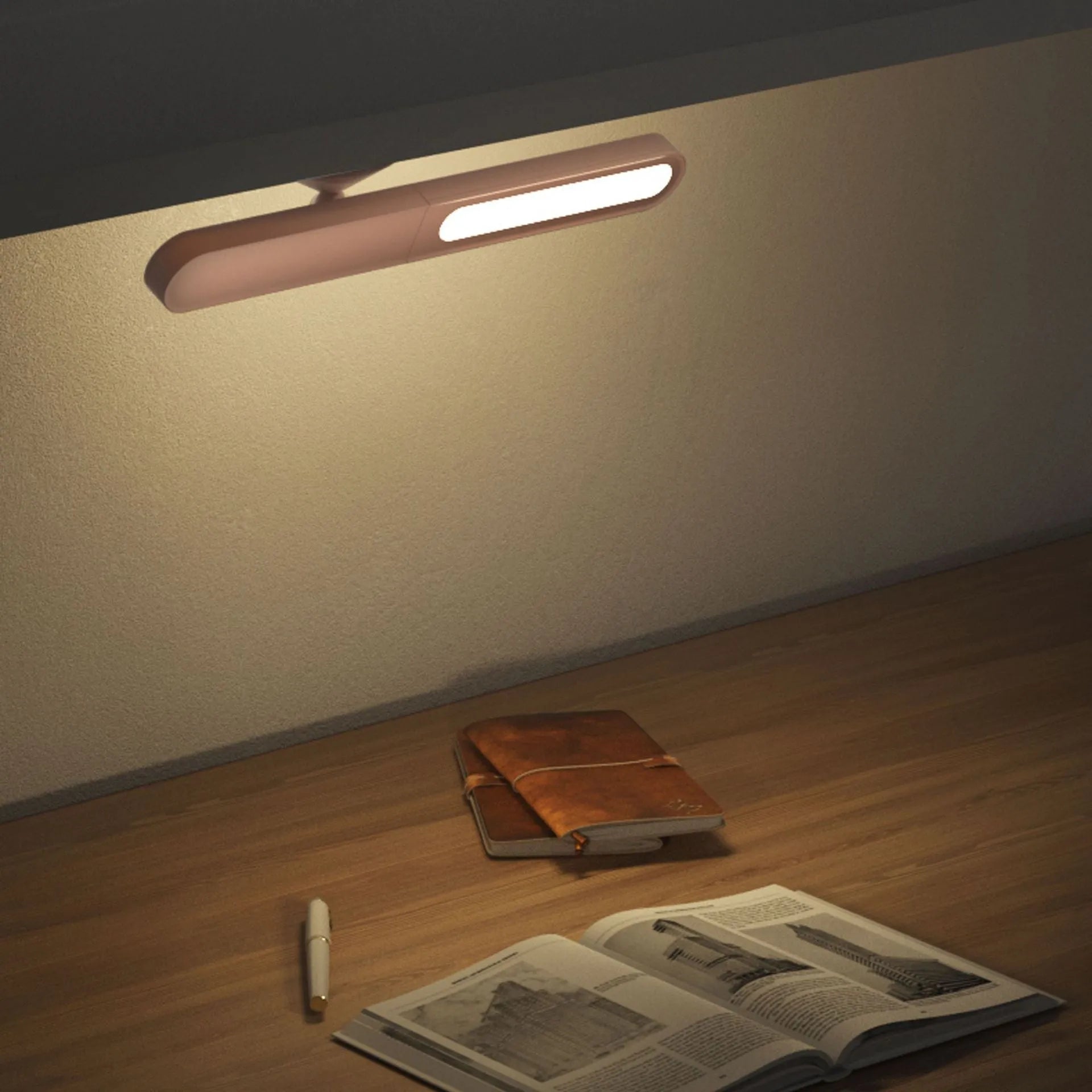 White geometric desk lamp with magnetic base and touch control on a wooden table.