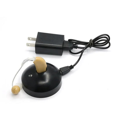 Black silicone rechargeable hearing aid amplifier for elderly users with charging cable