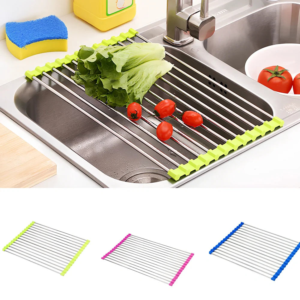 Stainless steel sink drain rack with rolling curtain design folded to show compact 5cm storage thickness