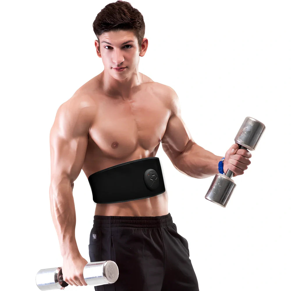 Black abdominal slimming belt with adjustable waist strap showing vibration unit and 10-speed controls