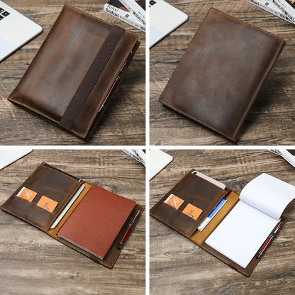 Brown Crazy Horse leather A5 notebook protective sleeve with square shape and socket style opening
