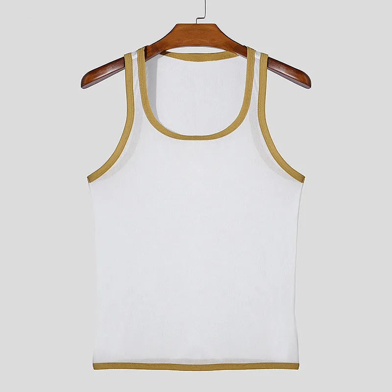 Men's tight-fitting white mesh fitness vest for sports, showing breathable fabric and straight hem design.