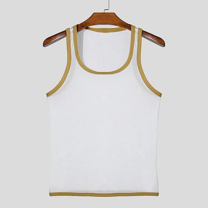 Men's tight-fitting white mesh fitness vest for sports, showing breathable fabric and straight hem design.