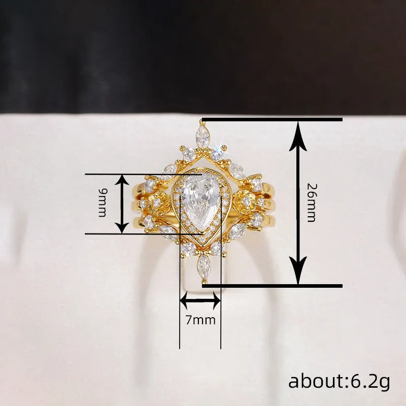 Women's copper ring with inlaid zircon, drop-shaped geometric design, yellow gold colour, sizes No 6 to No 10