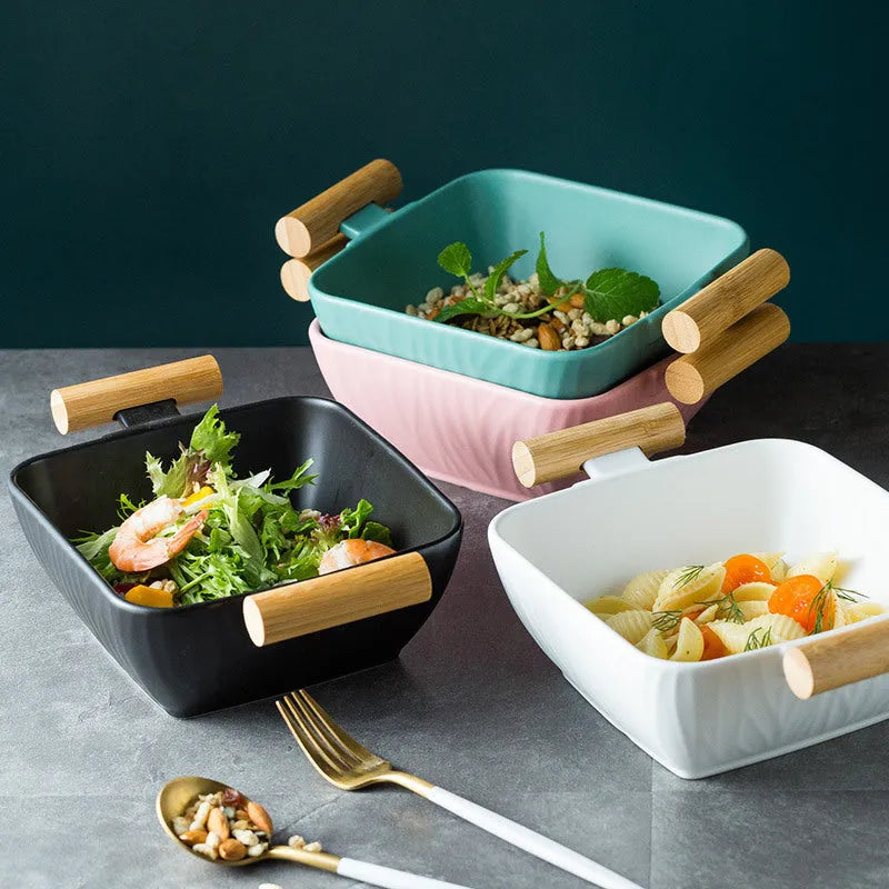 Irregular shaped porcelain ceramic bowl with lid in black, green, pink, or white colour options