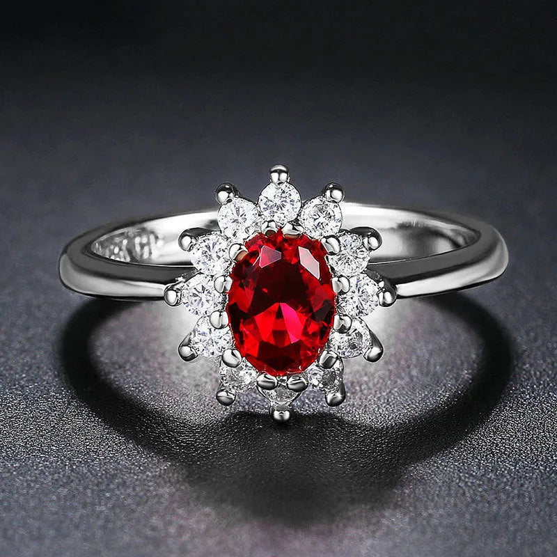 Copper women's ring with flower design in green, blue, or red electroplated finish