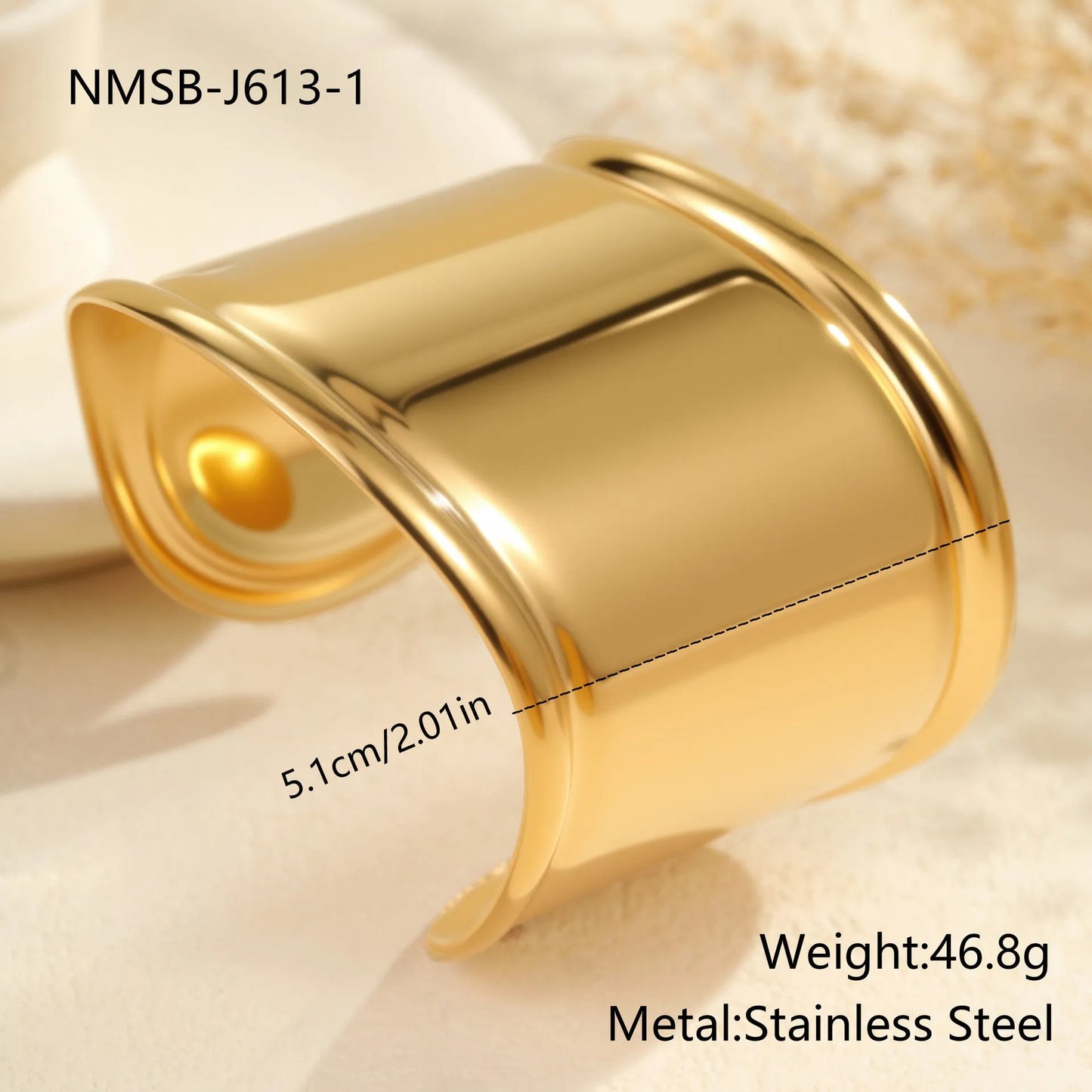 Women's stainless steel bracelet with 18K gold plating featuring exaggerated wide geometric wave design and niche opening