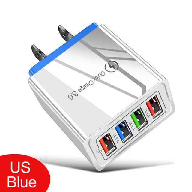 Four-port USB mobile phone charging head with luminous indicator in multiple colour options