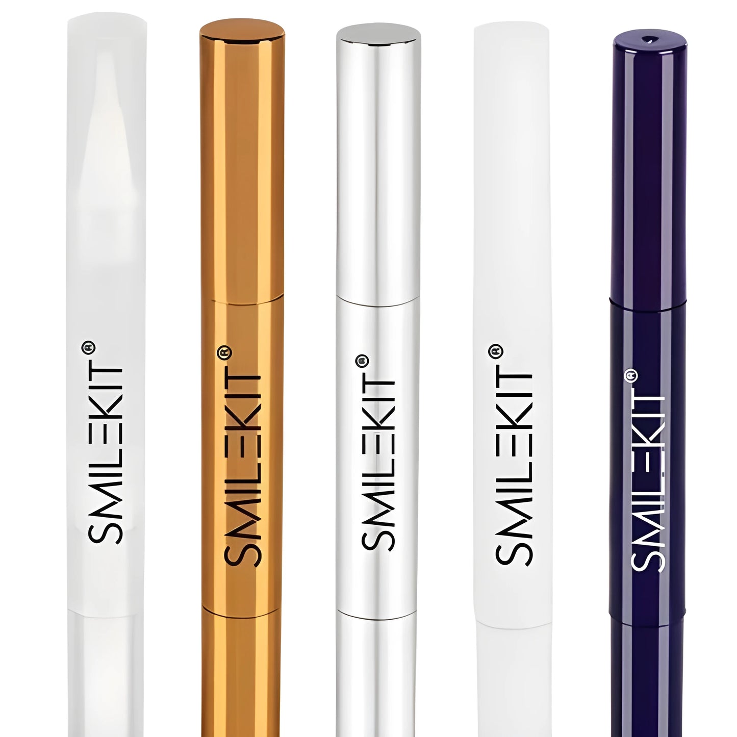 Teeth whitening pen with brush applicator in plastic white and gold aluminium case options