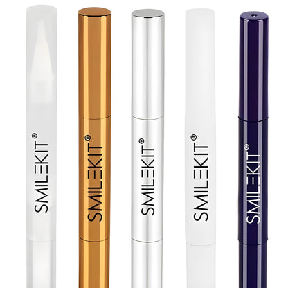Teeth whitening pen with brush applicator in plastic white and gold aluminium case options
