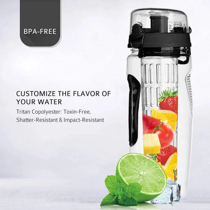 32oz clear Tritan plastic fruit infuser water bottle with a separate fruit cup and leakproof lid.