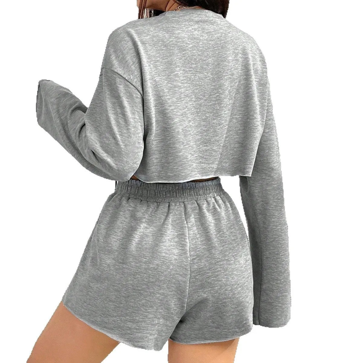 Grey women's long-sleeved T-shirt and shorts polyester lounge set laid flat.