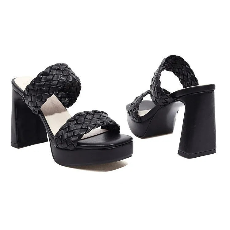 White or black PU platform chunky high heel sandals with open toe and woven foot detail, sizes 35-43