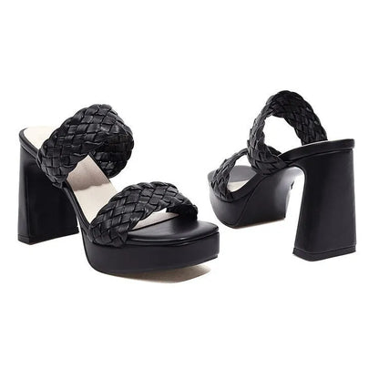 White or black PU platform chunky high heel sandals with open toe and woven foot detail, sizes 35-43