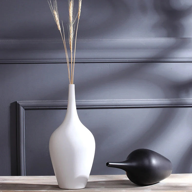 White ceramic tall vase with matte glaze finish for desktop flower arrangements