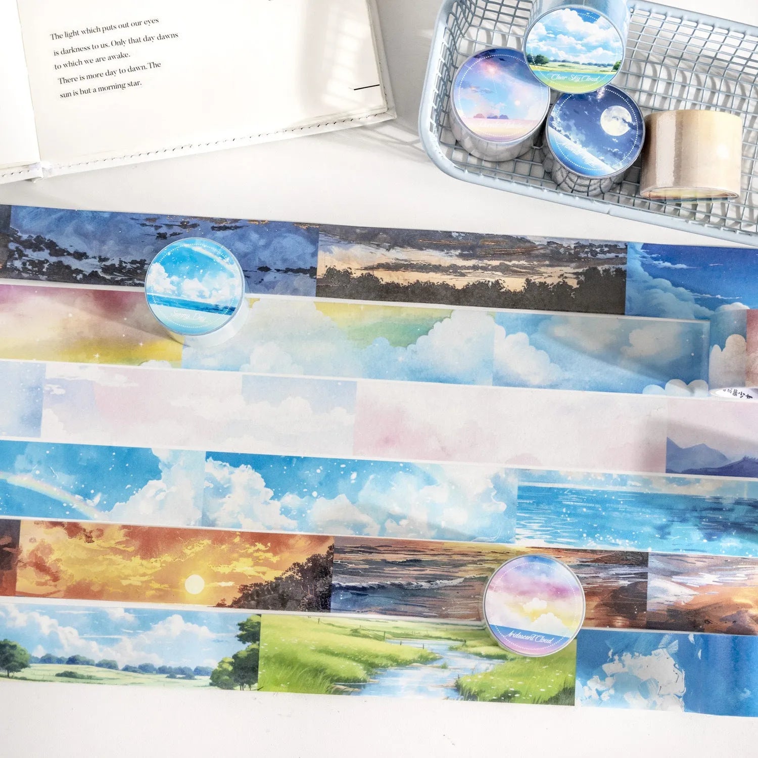 Japanese paper washi tape roll with sky theme decoration, 30mm width, showing colourful clouds pattern