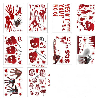Halloween window stickers set of 9 bloody handprint and footprint decals