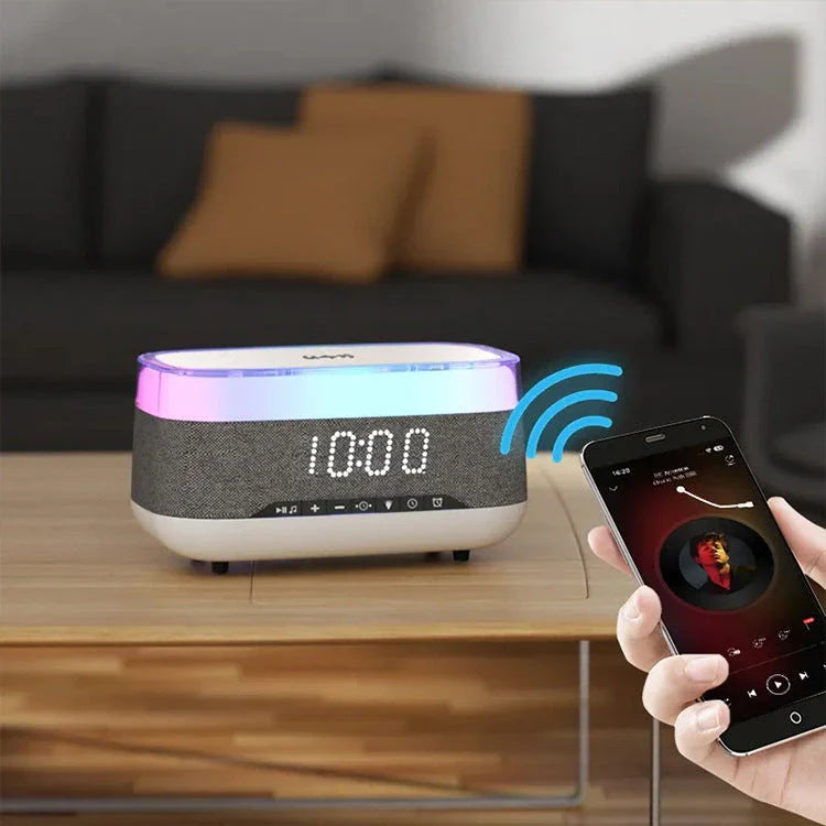 Multifunctional Bluetooth alarm clock with wireless charging, night light, and premium speaker