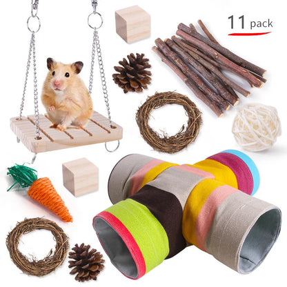 Assorted natural wooden chew toys for small pets including balls, rings, and mats on a plain background.