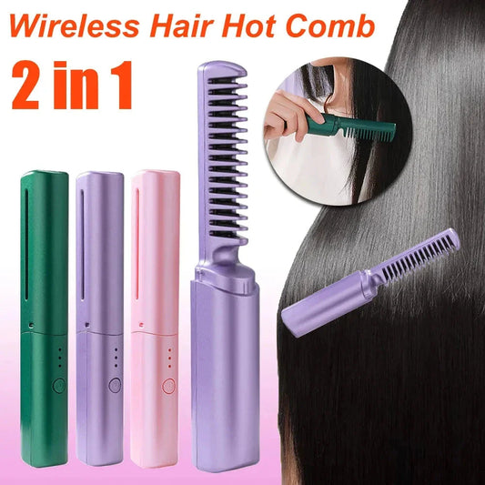 Cordless hair straightener and curler comb with fast heating and negative ion technology for salon-quality styling on the go