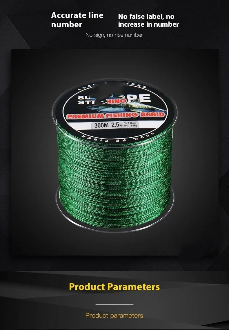 Spool of Dali Mayu 300 metre PE fishing line showing multiple colour options and line number thickness choices.