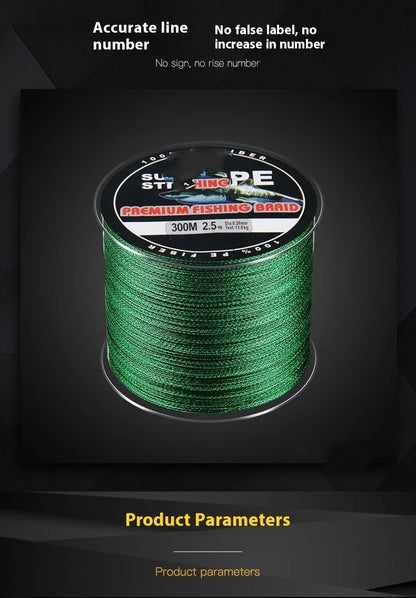 Spool of Dali Mayu 300 metre PE fishing line showing multiple colour options and line number thickness choices.