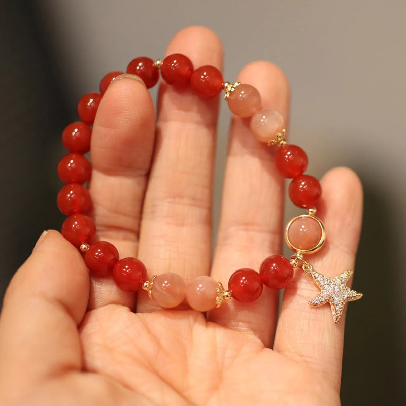 8mm Red Agate Bracelet for Women featuring XINGX Sands Orange Sunstone with Handmade Star and Xiangyun Ethnic Style Design, Suitable as Travel Commemoration Gift