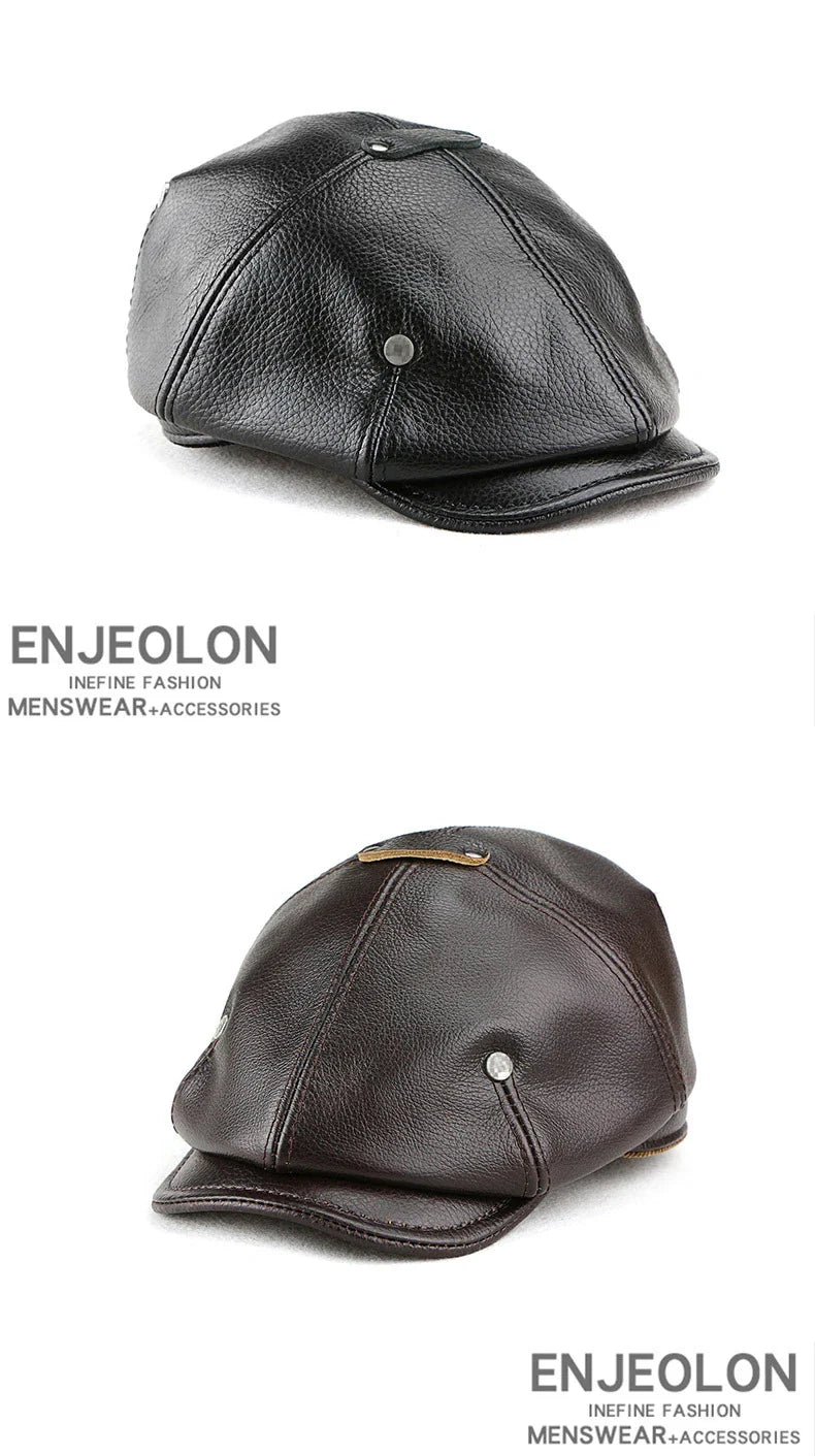 A British retro-style casual men's beret made of premium genuine leather in black, dark brown, or reddish brown colours