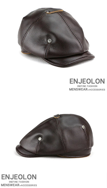 A British retro-style casual men's beret made of premium genuine leather in black, dark brown, or reddish brown colours