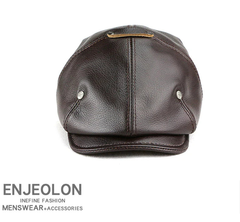 A British retro-style casual men's beret made of premium genuine leather in black, dark brown, or reddish brown colours