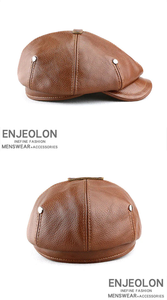 A British retro-style casual men's beret made of premium genuine leather in black, dark brown, or reddish brown colours