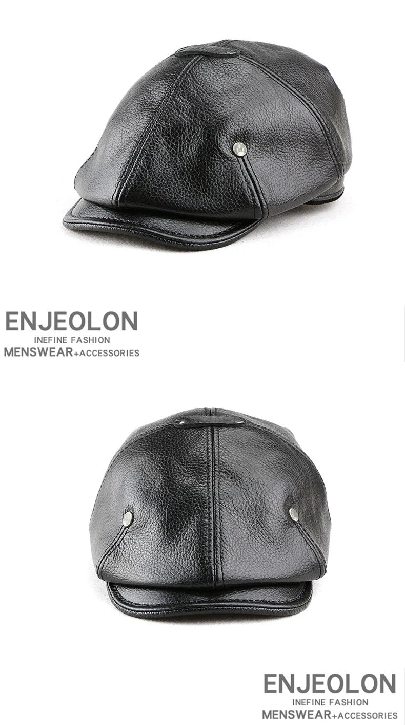 A British retro-style casual men's beret made of premium genuine leather in black, dark brown, or reddish brown colours