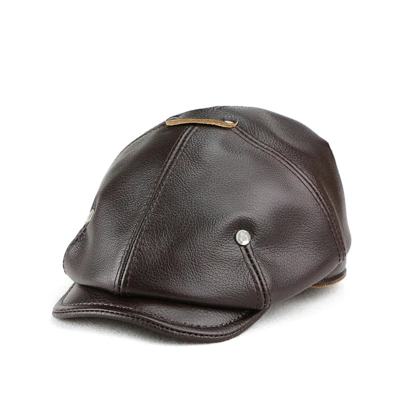 A British retro-style casual men's beret made of premium genuine leather in black, dark brown, or reddish brown colours