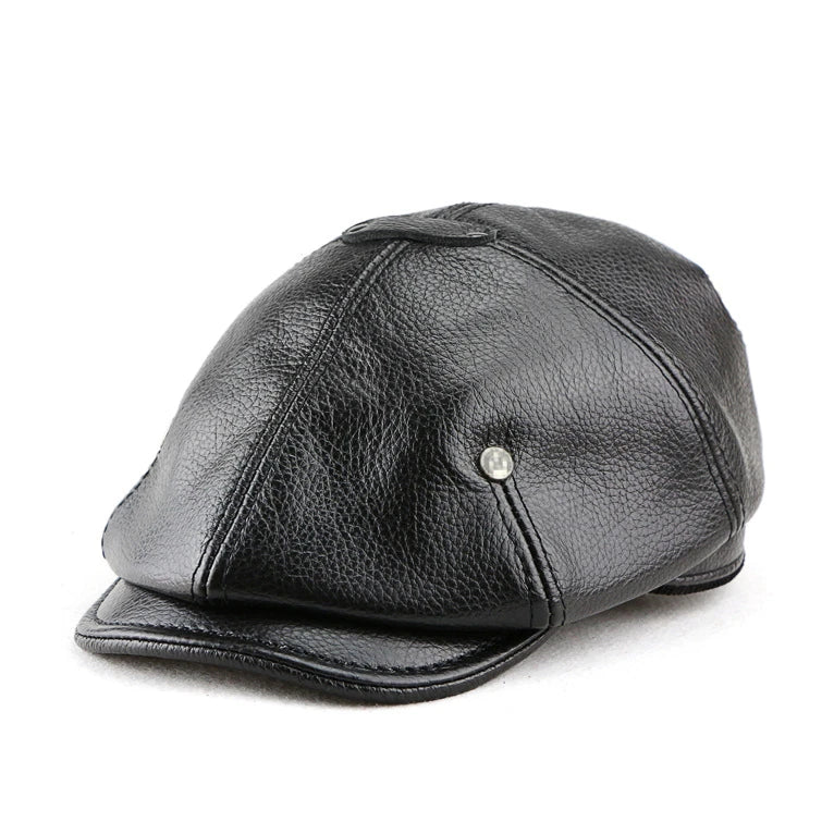 A British retro-style casual men's beret made of premium genuine leather in black, dark brown, or reddish brown colours