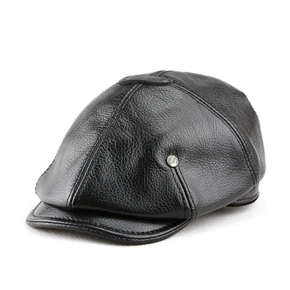 A British retro-style casual men's beret made of premium genuine leather in black, dark brown, or reddish brown colours