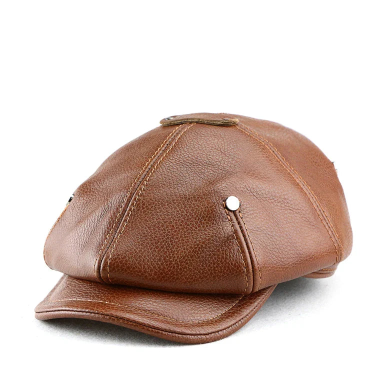 A British retro-style casual men's beret made of premium genuine leather in black, dark brown, or reddish brown colours