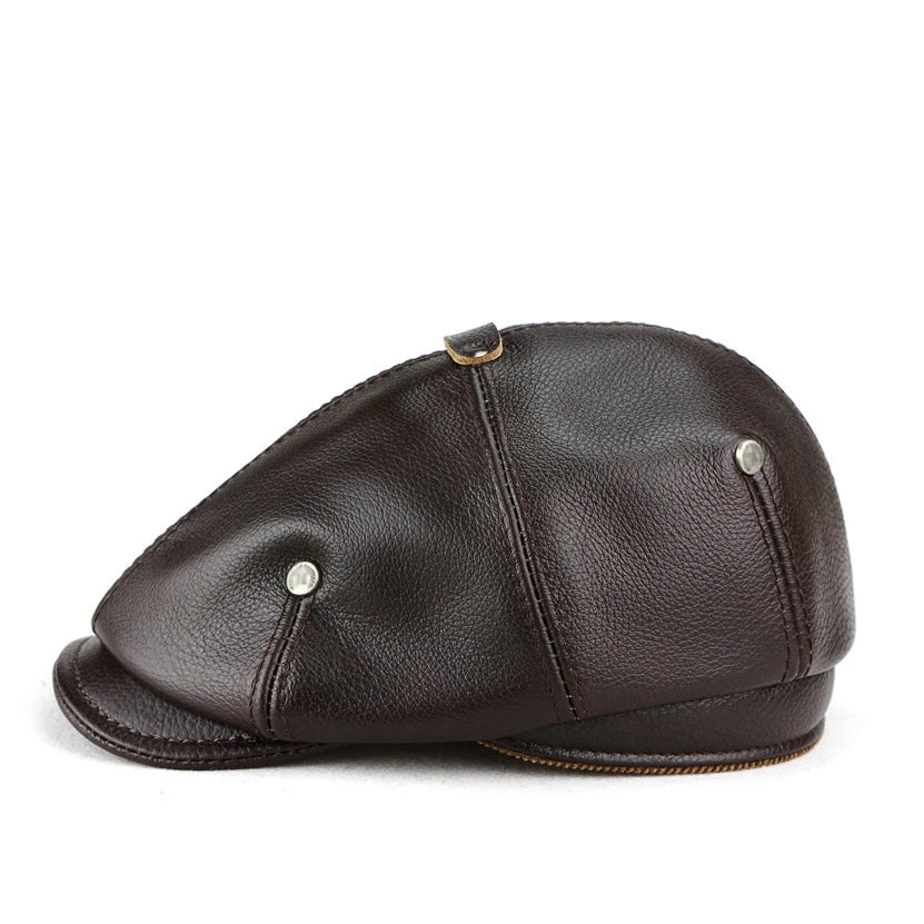 A British retro-style casual men's beret made of premium genuine leather in black, dark brown, or reddish brown colours