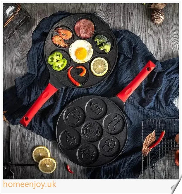 Aluminium Alloy Non-Stick Seven-Hole Breakfast Frying Pan with Silicone Handle and Concave Design for Even Heating