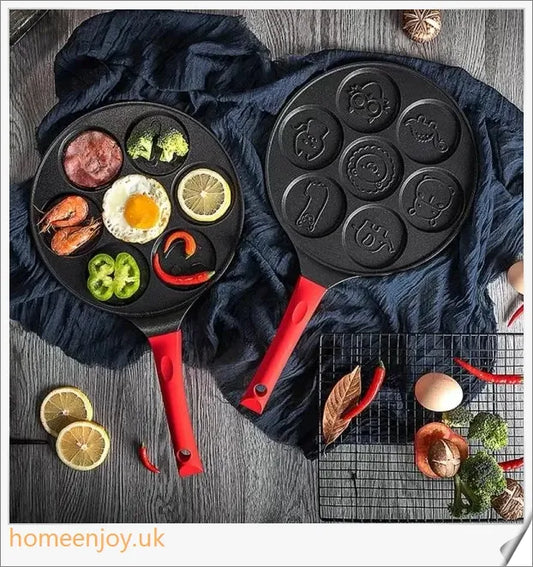 Aluminium Alloy Non-Stick Seven-Hole Breakfast Frying Pan with Silicone Handle and Concave Design for Even Heating