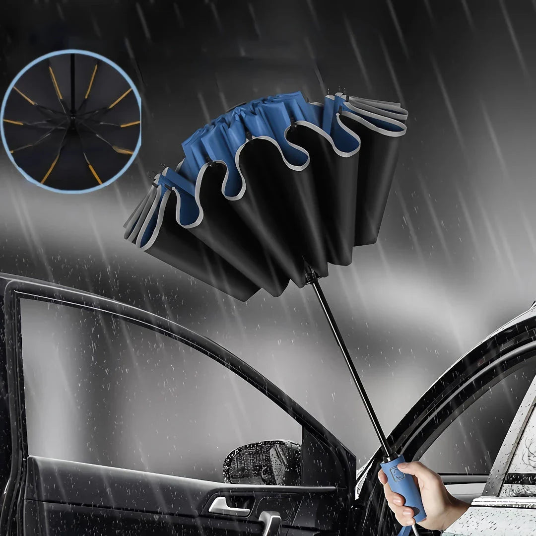 Auto-Open Reverse Folding Umbrella with reflective safety strip for visibility in low-light conditions