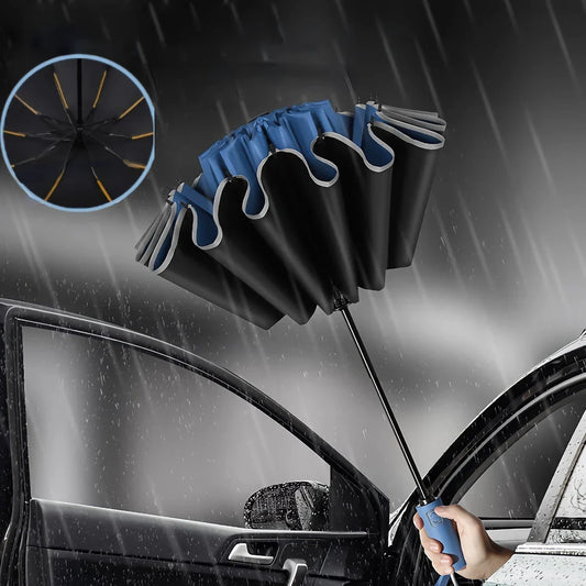 Auto-Open Reverse Folding Umbrella with reflective safety strip for visibility in low-light conditions
