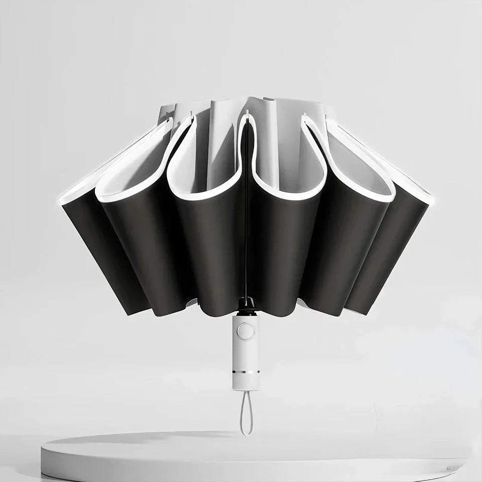 Auto-Open Reverse Folding Umbrella with reflective safety strip for visibility in low-light conditions