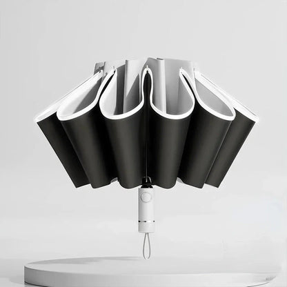 Auto-Open Reverse Folding Umbrella with reflective safety strip for visibility in low-light conditions